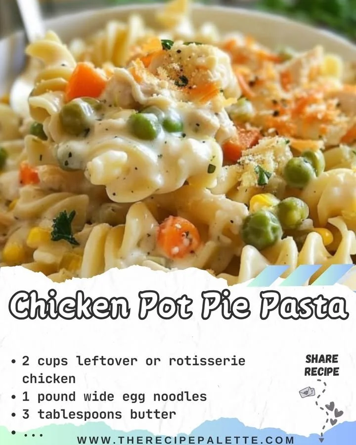Chicken Pot Pie Pasta topped with herbs and golden crust