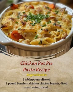 A bowl of creamy chicken pot pie pasta with vegetables and herbs.