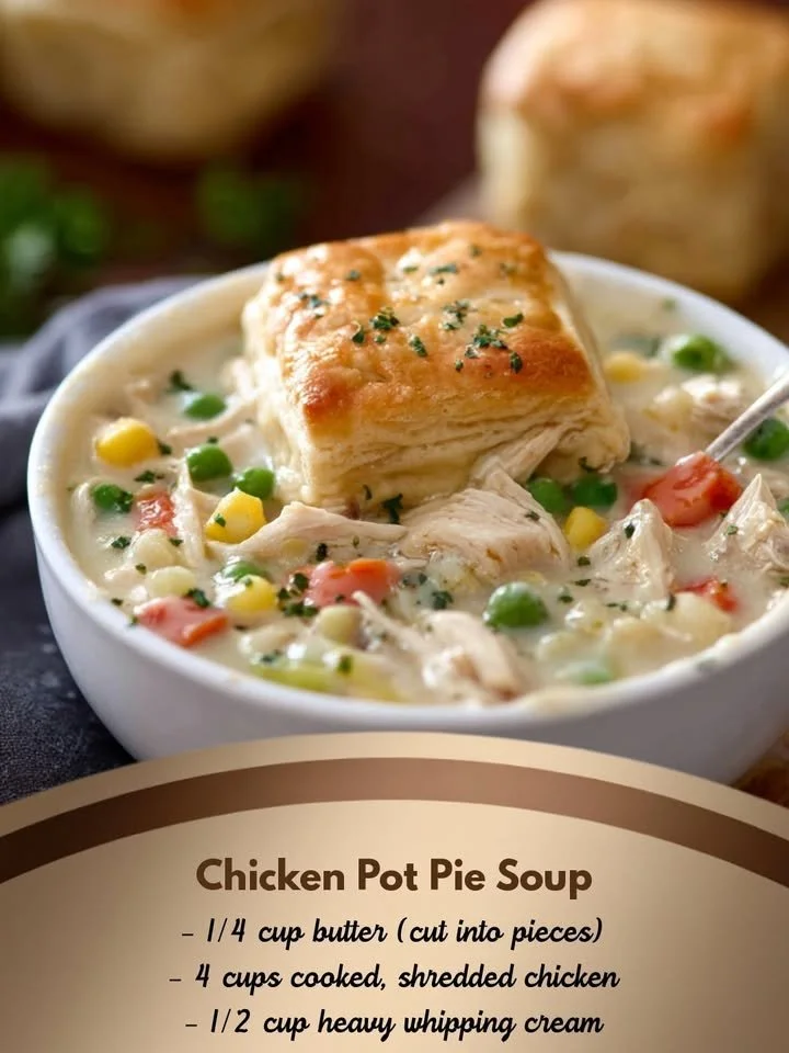 Delicious Chicken Pot Pie Soup served in a bowl with vegetables and bread on the side.