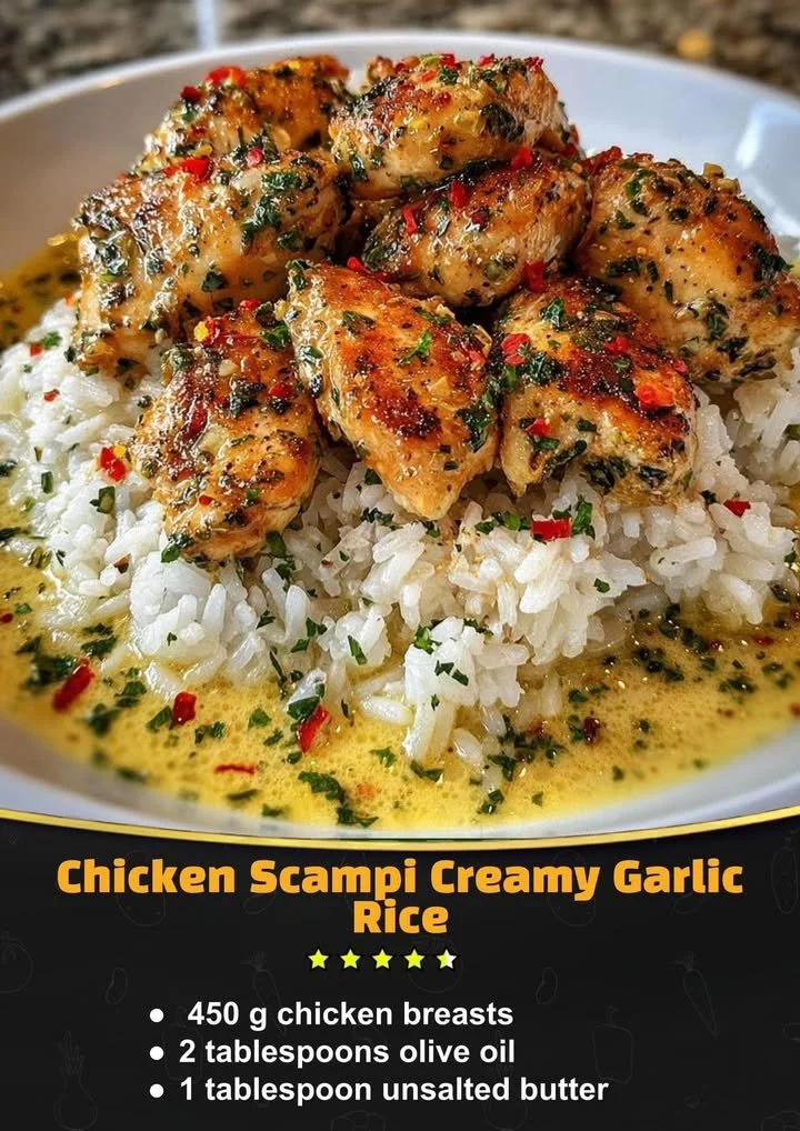 Creamy Chicken Scampi served with garlic rice in a beautiful dish.