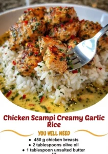 Delicious Chicken Scampi served over creamy garlic rice