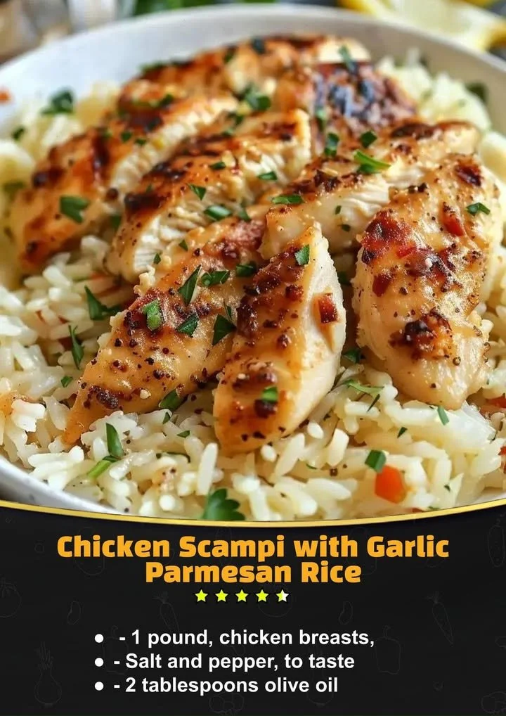 Delicious Chicken Scampi served with Garlic Parmesan Rice on a plate