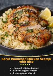 Plate of Chicken Scampi served with Garlic Parmesan Rice, garnished with herbs