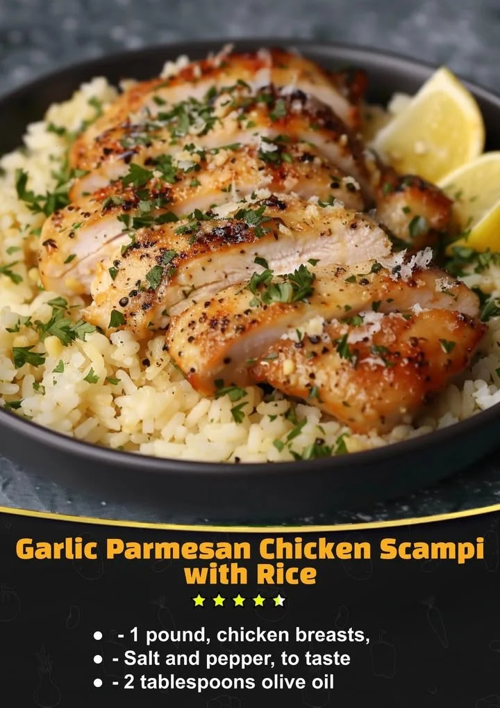 Plate of Chicken Scampi served with Garlic Parmesan Rice, garnished with herbs