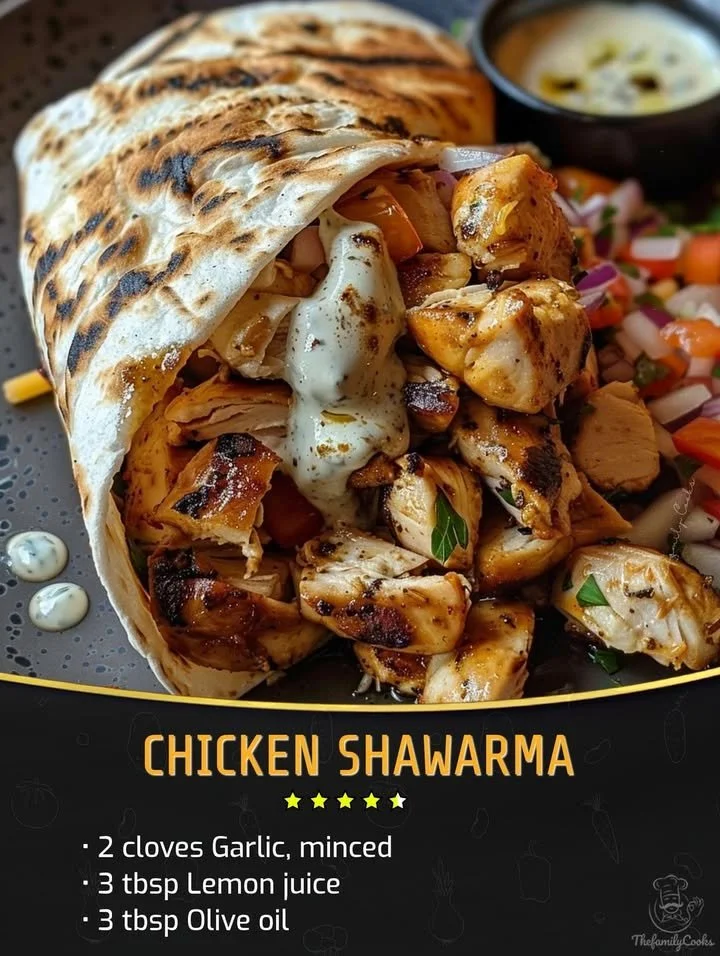 Delicious Chicken Shawarma with fresh vegetables and sauce wrapped in pita bread