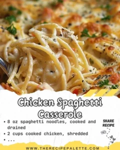 Delicious Chicken Spaghetti Casserole dish prepared with pasta and chicken.