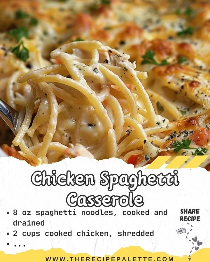 Delicious Chicken Spaghetti Casserole dish prepared with pasta and chicken.
