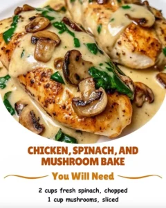 Chicken, spinach, and mushroom bake dish ready to serve