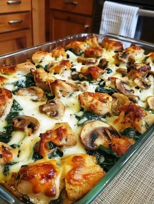Low carb chicken spinach and mushroom oven dish baked to perfection