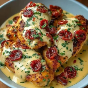 Chicken strips in creamy chorizo sauce served in a bowl
