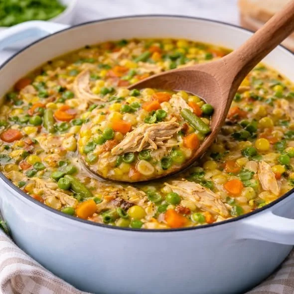 Bowl of Chicken Vegetable Soup with fresh vegetables and chunks of chicken