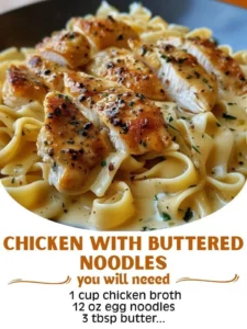 Plate of Chicken with Buttered Noodles garnished with herbs