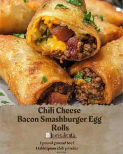 Chili Cheese Bacon Smashburger Egg Rolls served on a plate.