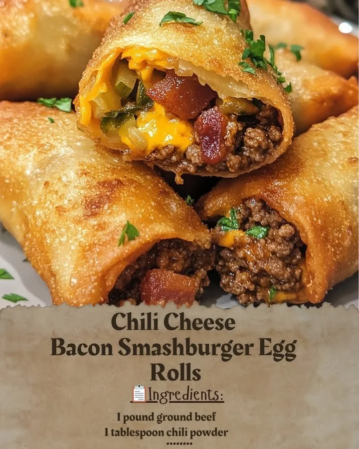 Chili Cheese Bacon Smashburger Egg Rolls served on a plate.
