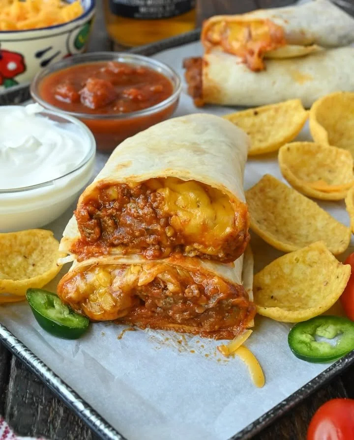 Delicious Chili Cheese Burrito with melted cheese and spicy chili filling