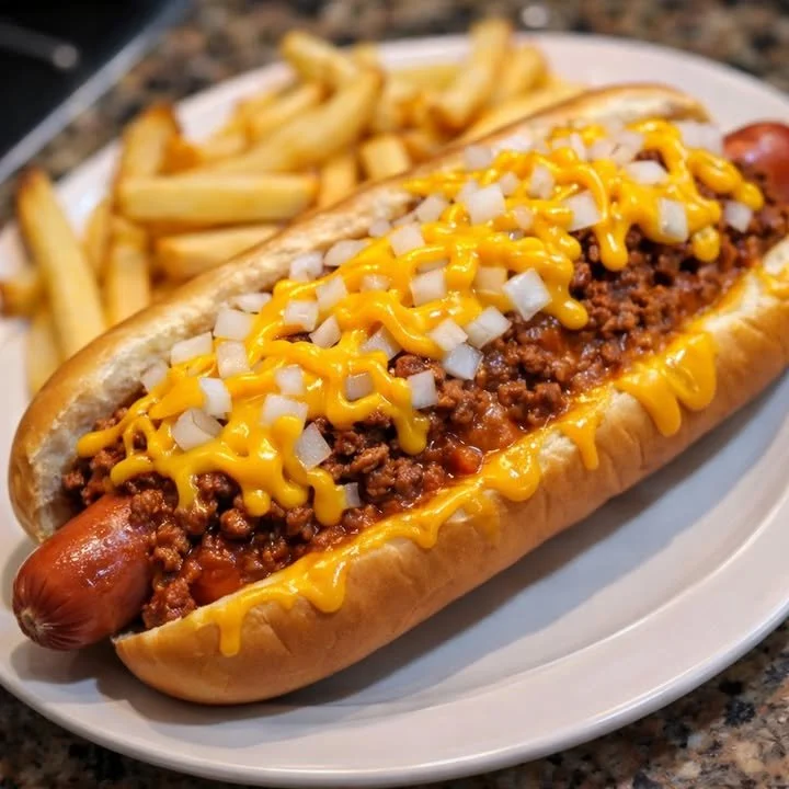 Delicious Chili Cheese Coney topped with chili and cheese on a hot dog