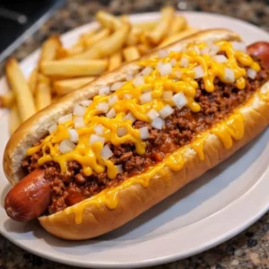 Delicious Chili Cheese Coney topped with chili and cheese on a bun