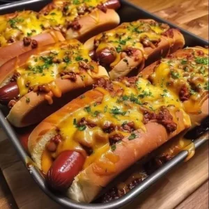 Chili Cheese Dog Bake served in a baking dish with cheese topping
