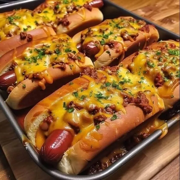 Chili Cheese Dog Bake served in a baking dish with cheese topping