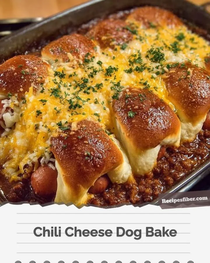 Delicious Chili Cheese Dog Bake served in a casserole dish.