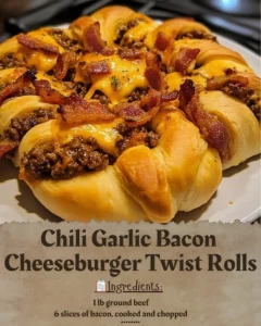 Chili Garlic Bacon Cheeseburger Twist Rolls with melted cheese and crispy bacon