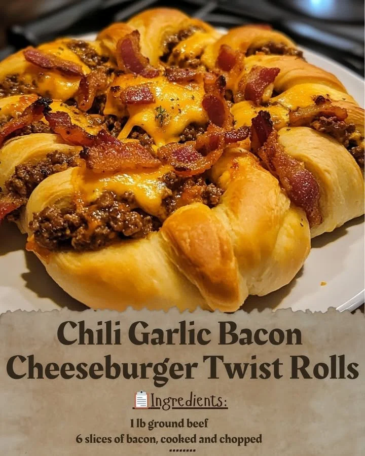 Chili Garlic Bacon Cheeseburger Twist Rolls with melted cheese and crispy bacon