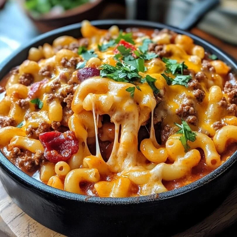 Hearty bowl of Chili Mac with cheese and spices