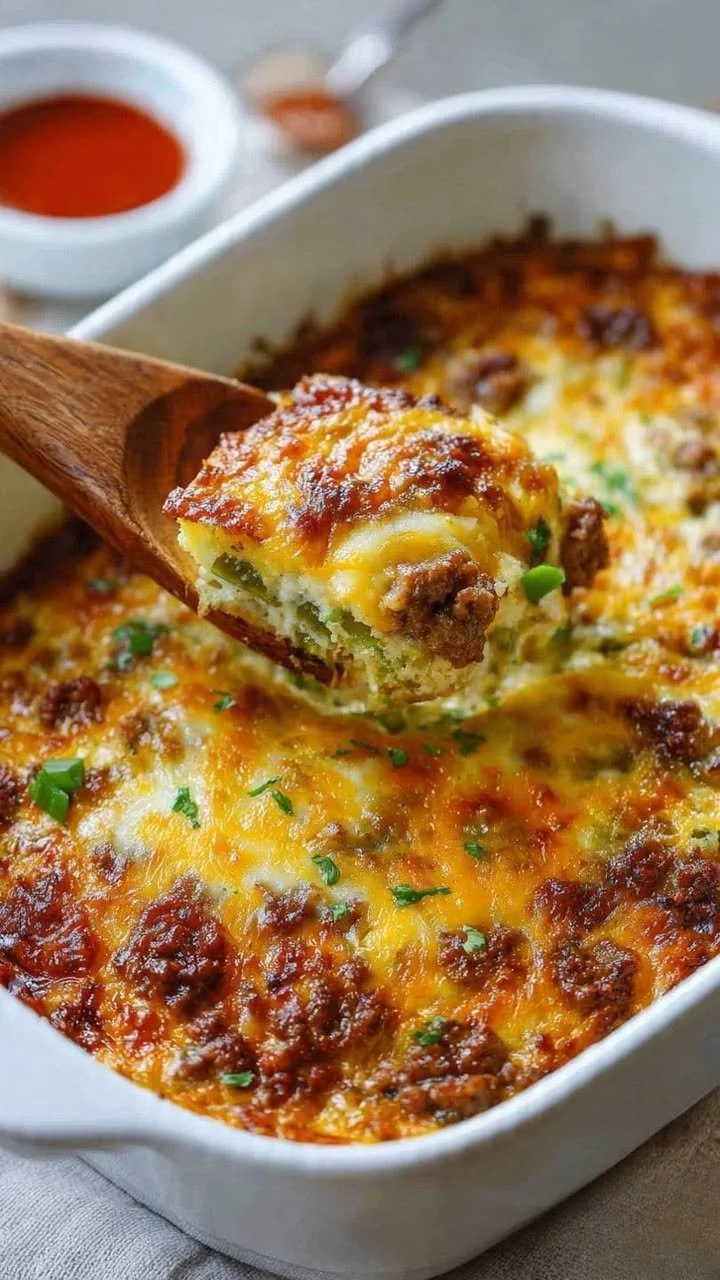 Chili Rellenos Breakfast Casserole topped with cheese and herbs.