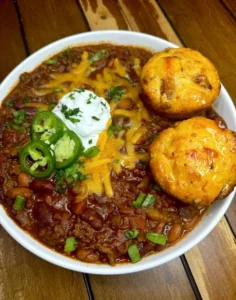 Delicious homemade chili with beans served in a bowl