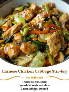 Chinese chicken cabbage stir-fry served in a bowl with colorful vegetables.