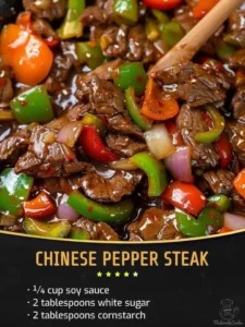 Delicious Chinese Pepper Steak served with vegetables and sauce