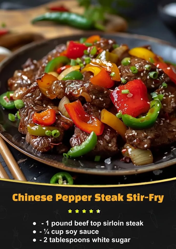 Delicious Chinese Pepper Steak Stir-Fry served in a bowl with colorful vegetables