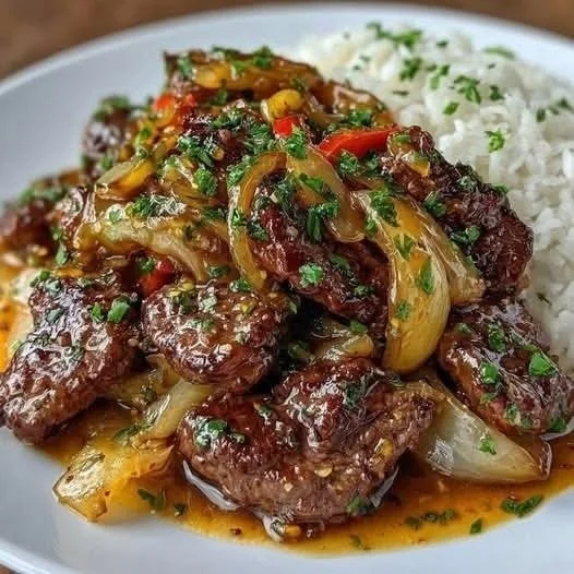 Chinese pepper steak with onions served in a colorful dish