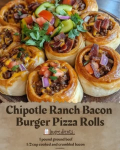 Delicious Chipotle Ranch Bacon Burger Pizza Rolls ready to be enjoyed.
