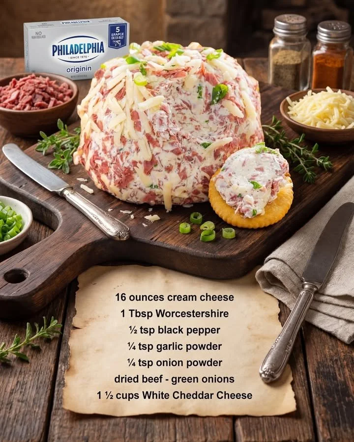 Chipped beef cheese ball served with crackers on a wooden platter