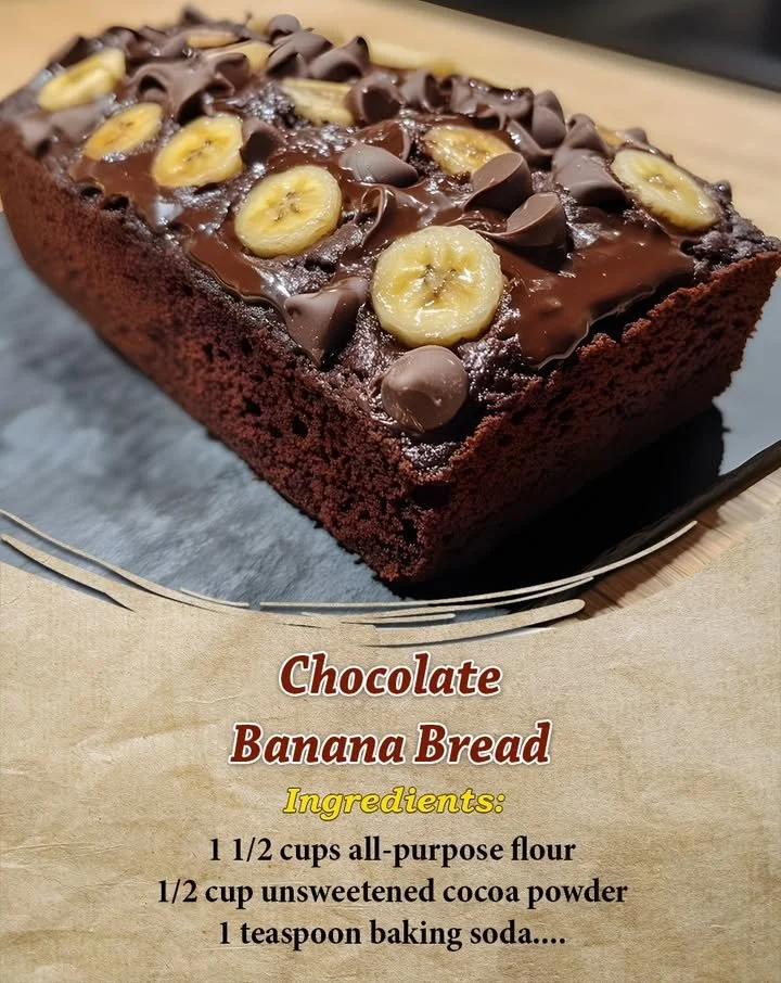 Delicious homemade chocolate banana bread with chocolate chunks and ripe bananas