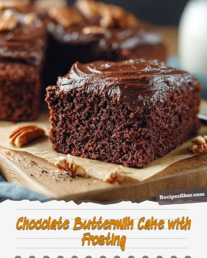 Delicious chocolate buttermilk cake with creamy frosting on top