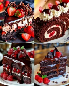 Decadent chocolate cake topped with rich chocolate frosting and decorations