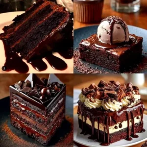 Delicious chocolate cake and brownies served on a plate