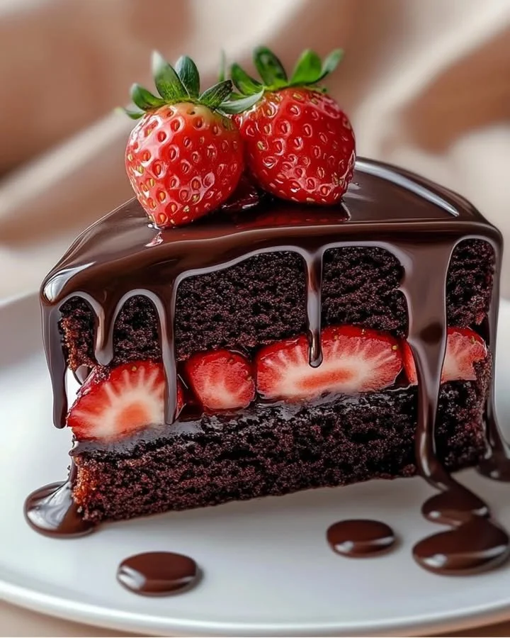 Chocolate cake with fresh strawberry filling, delicious and decadent dessert