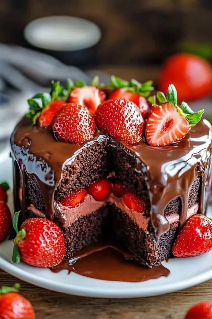 Delicious chocolate cake layered with fresh strawberry filling