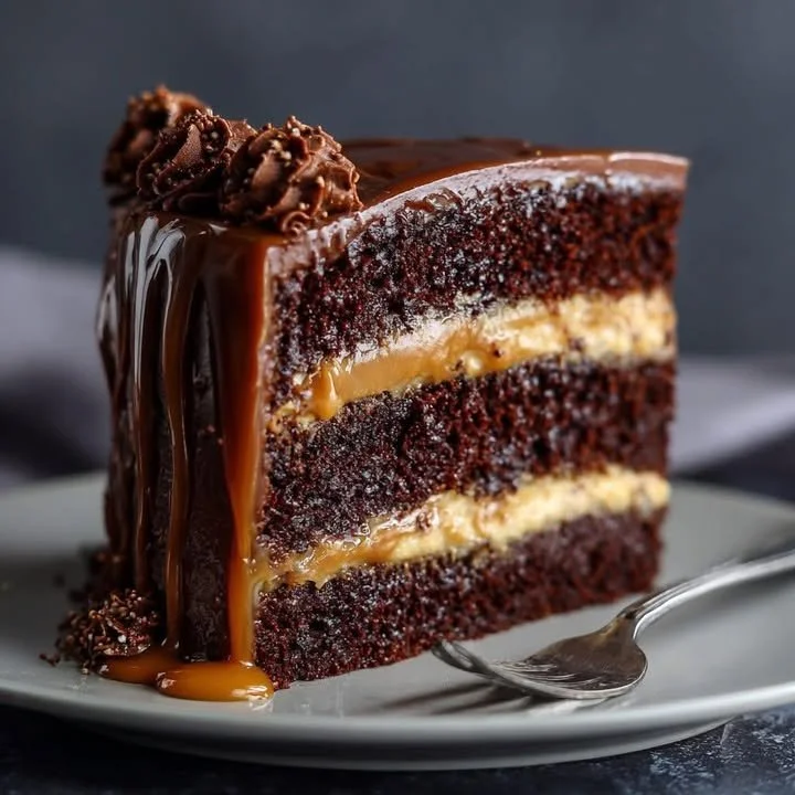 Delicious Chocolate Caramel Cake topped with rich chocolate and caramel sauce.