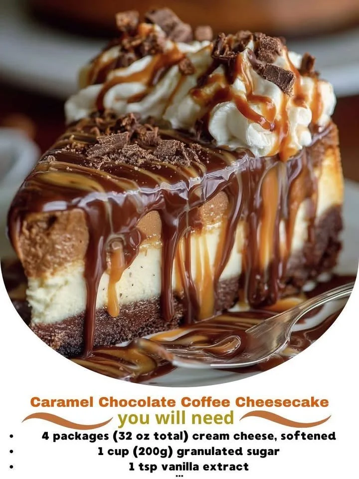 Delicious Chocolate Caramel Cheesecake slice with chocolate drizzle and caramel topping.