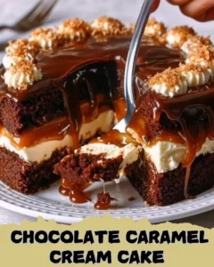 Delicious slice of Chocolate Caramel Cream Cake with drizzled caramel