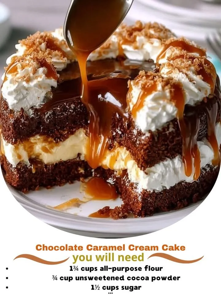 Decadent Chocolate Caramel Cream Cake topped with luscious caramel sauce.