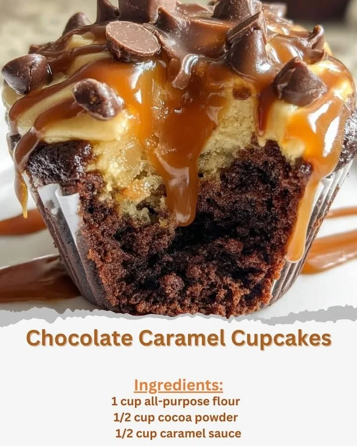 Delicious Chocolate Caramel Cupcakes topped with rich caramel sauce