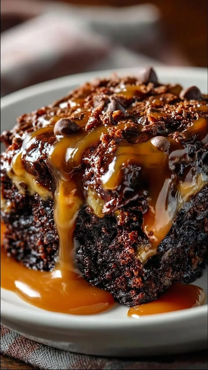 Chocolate Caramel Dump Cake with drizzled caramel topping and chocolate layers