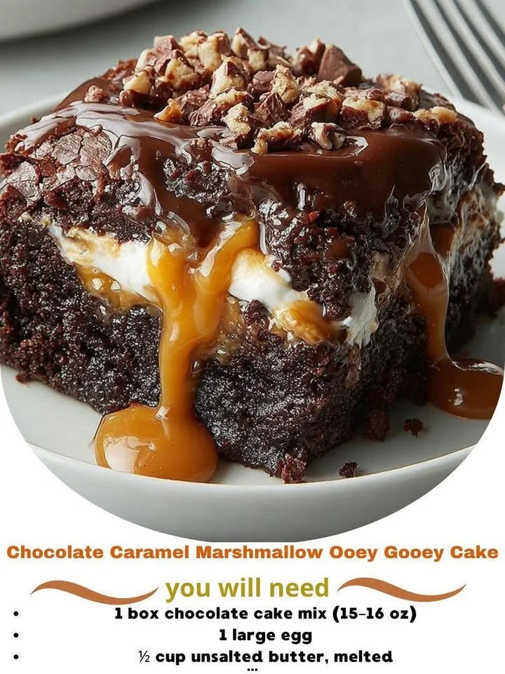 Chocolate Caramel Marshmallow Ooey Gooey Cake with drizzled chocolate and caramel