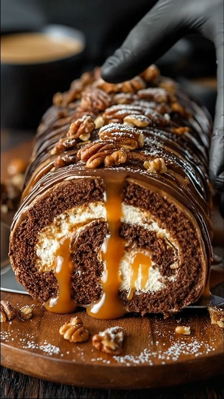 Delicious Chocolate & Caramel Roll dessert with rich chocolate and caramel layers