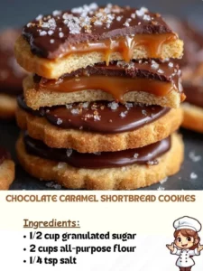 Delicious Chocolate Caramel Shortbread Cookies stacked on a plate